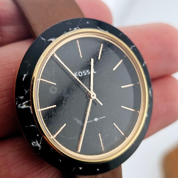 Fossil Womens Black Marble Bezel Watch Brown Leather Band Elevated Basic ES-4382 - Picture 3 of 6